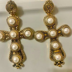 Vintage Pearl Cross Earrings